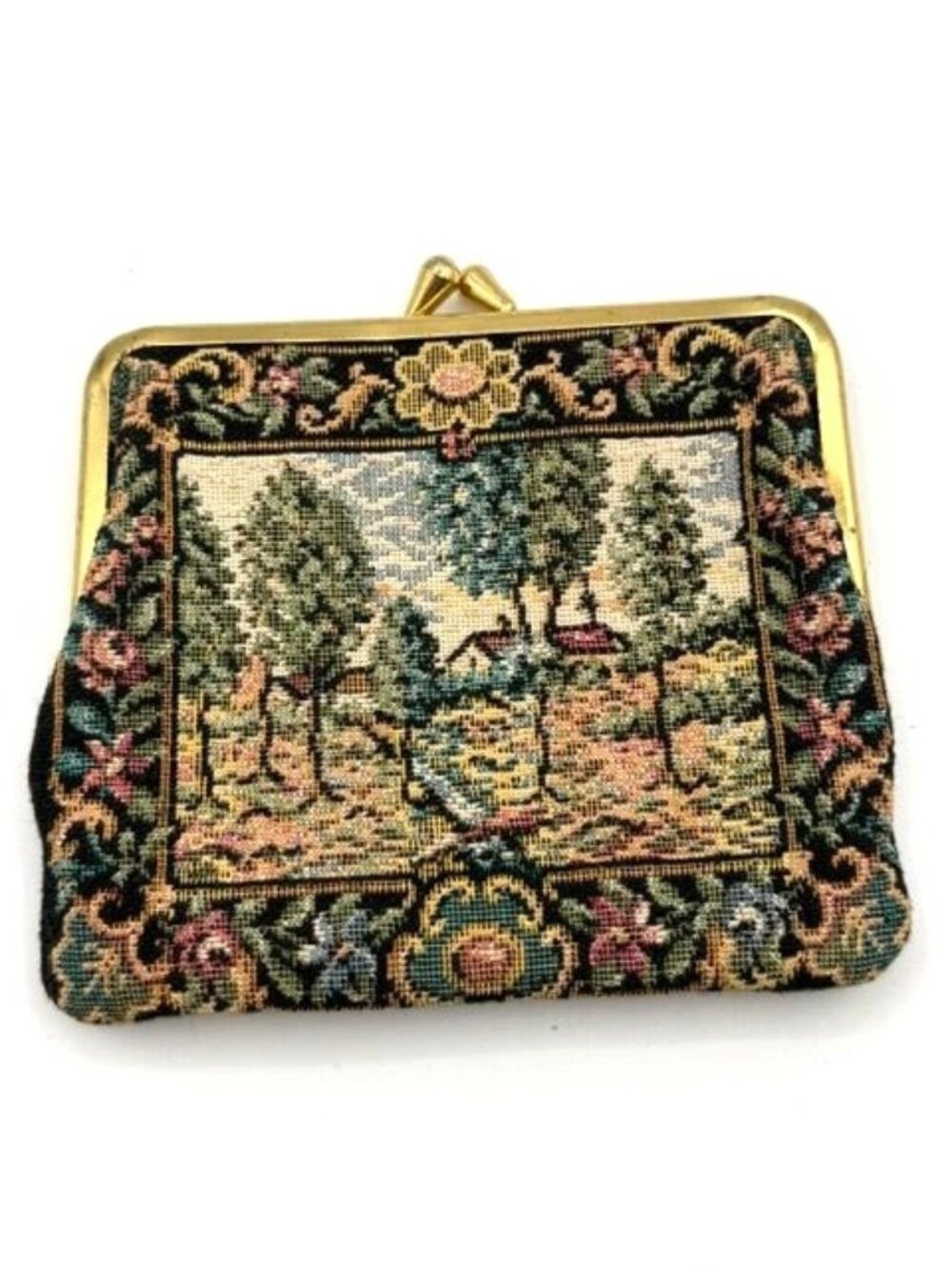 Vintage Tapestry Coin Purse 5" Pastoral Cottage Scene Floral Kiss Lock